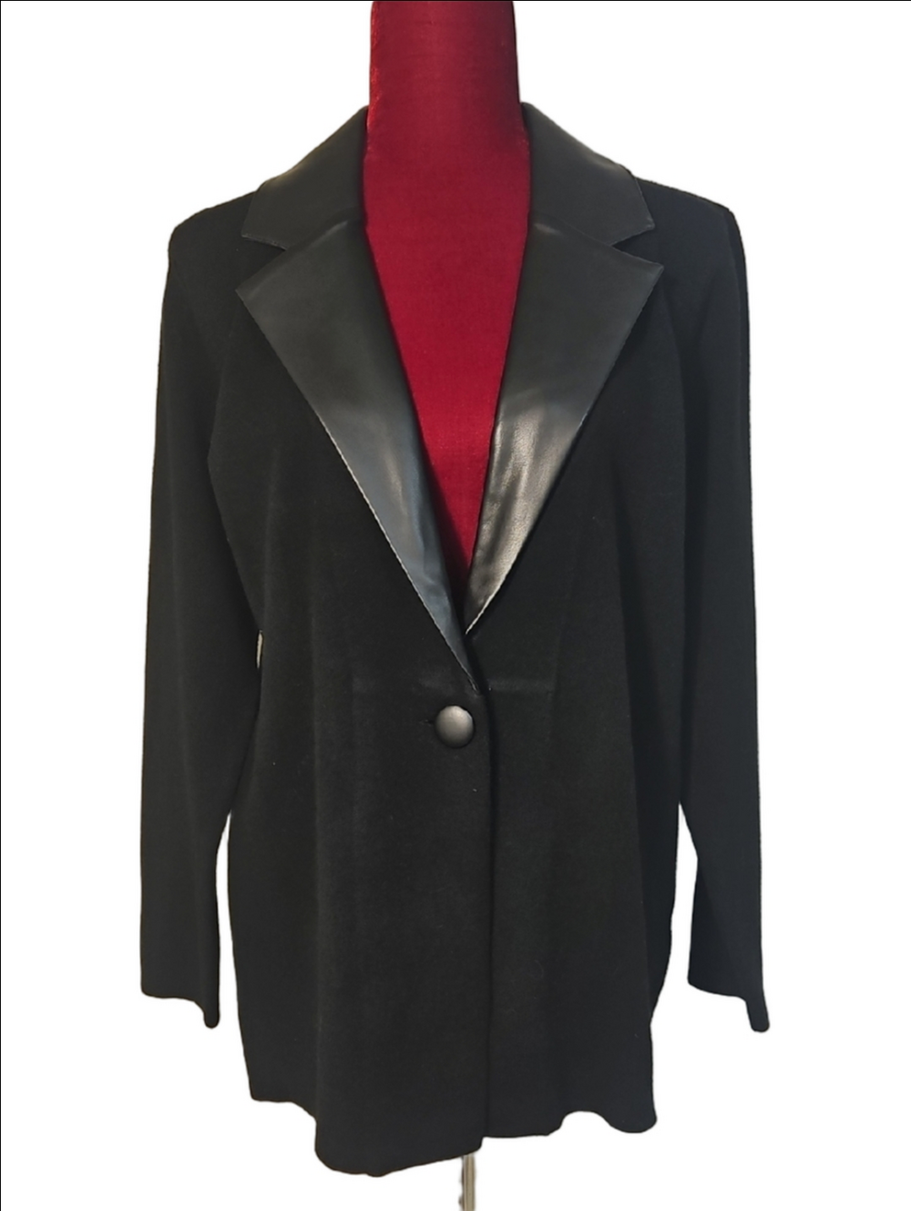 Black Faux Leather-Trim Sweater Jacket Size Medium